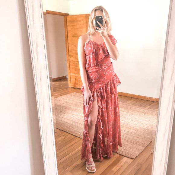 AMUR Dresses & Skirts - AMUR 100% Silk Floral Ruffle Slit Maxidress 2 NWT